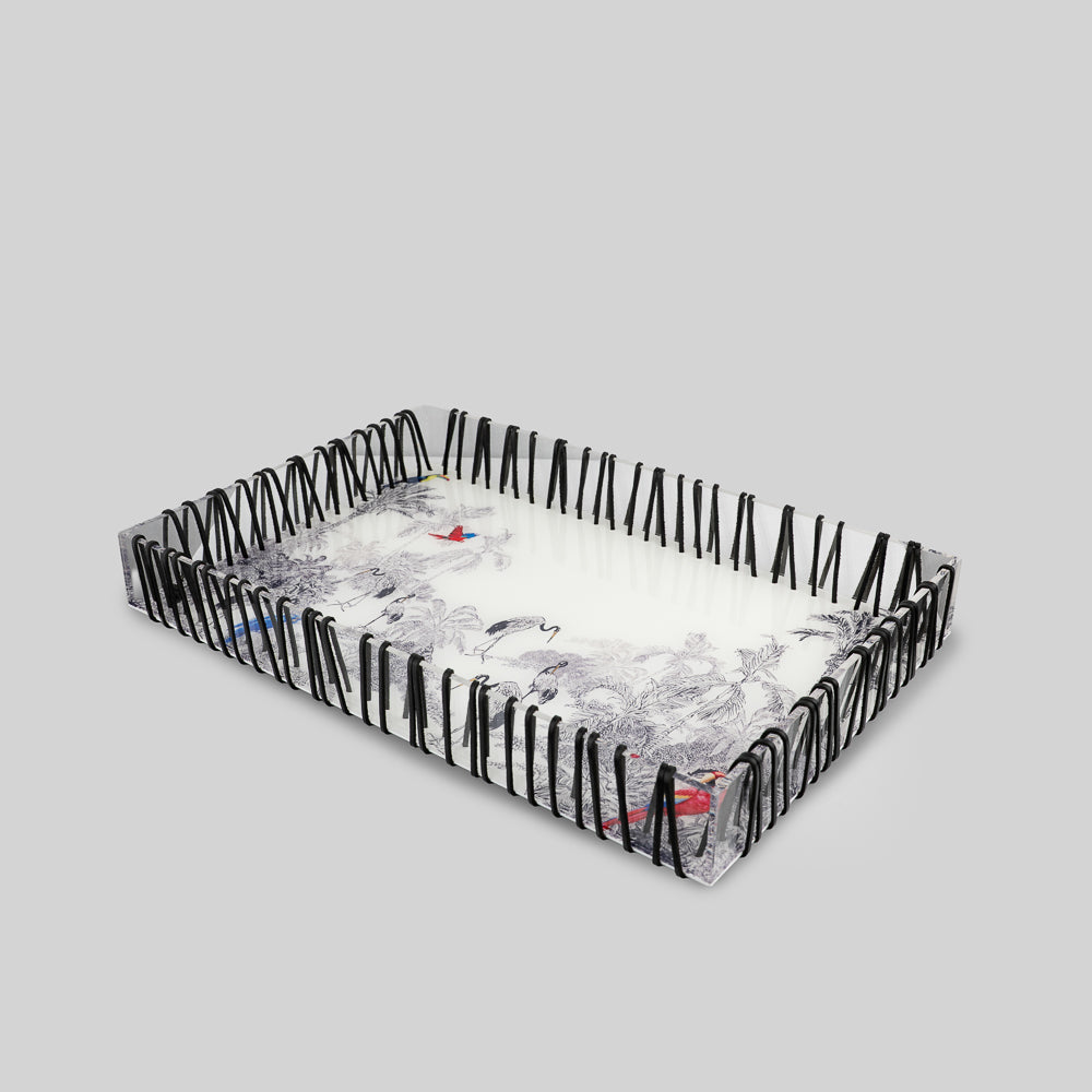 Premium Acrylic Serving Tray with Birds of Paradise Print and Woven Leather Trim | Tyetye India