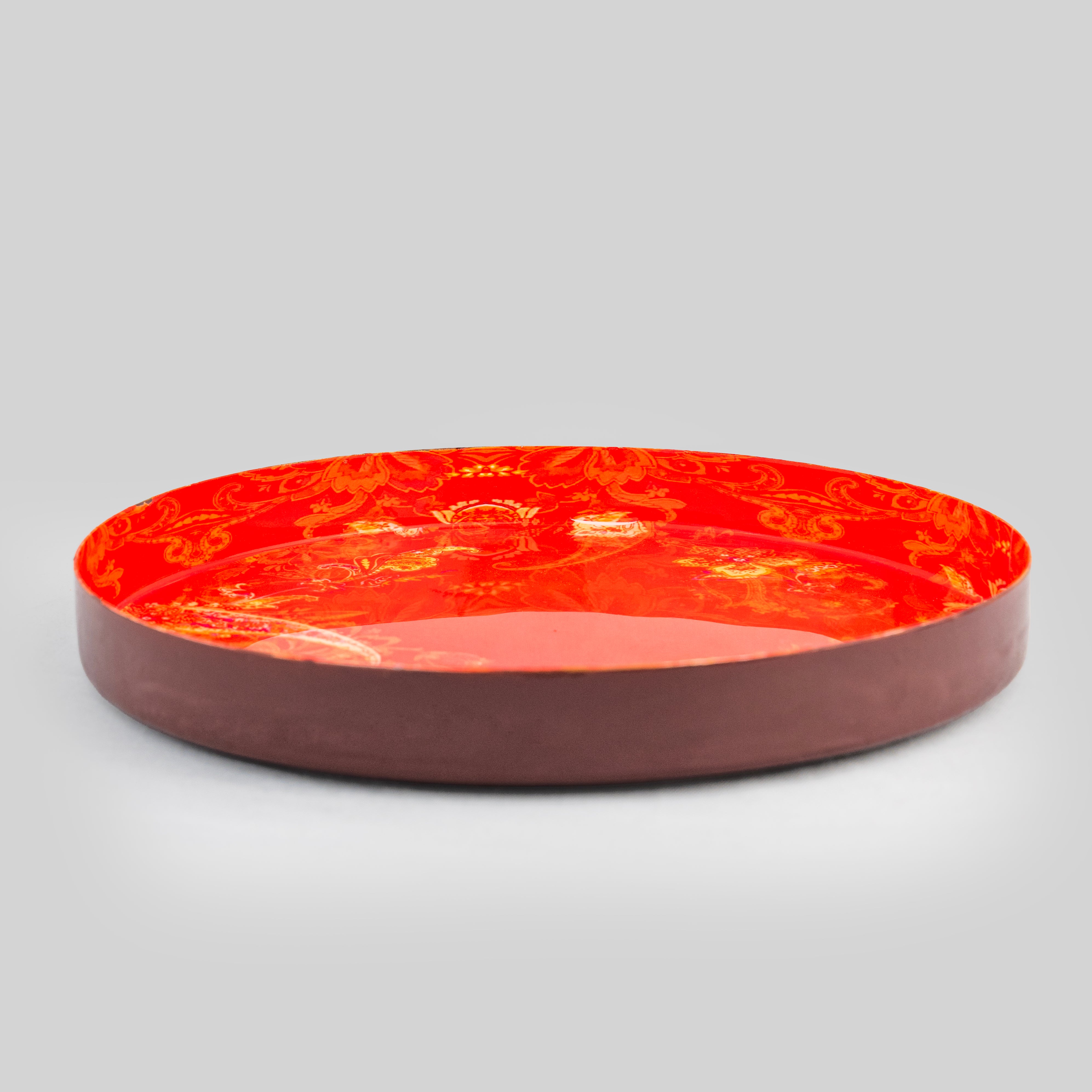 Red Paisley serving tray with entertaining spread β Tyetye gold and coral paisley floral tray for dinner parties