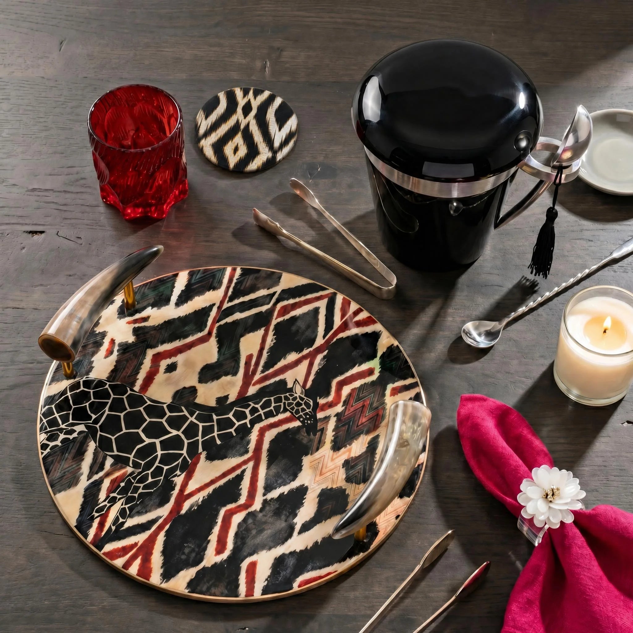 Serengeti giraffe ikat acrylic tray with horn handles — tyetye designer tableware India