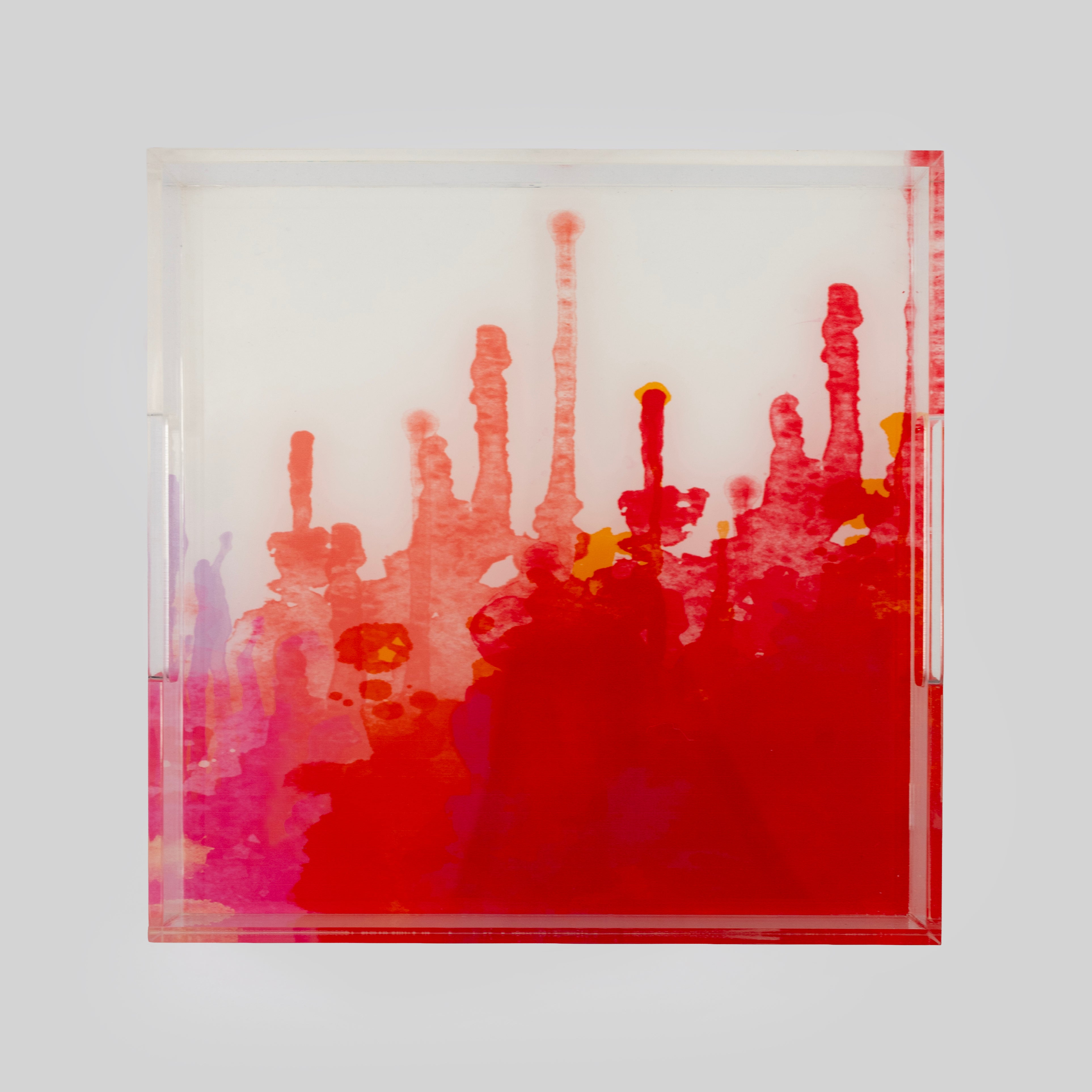 Tyetye Crimson Splash acrylic serving tray with red abstract watercolour print, India