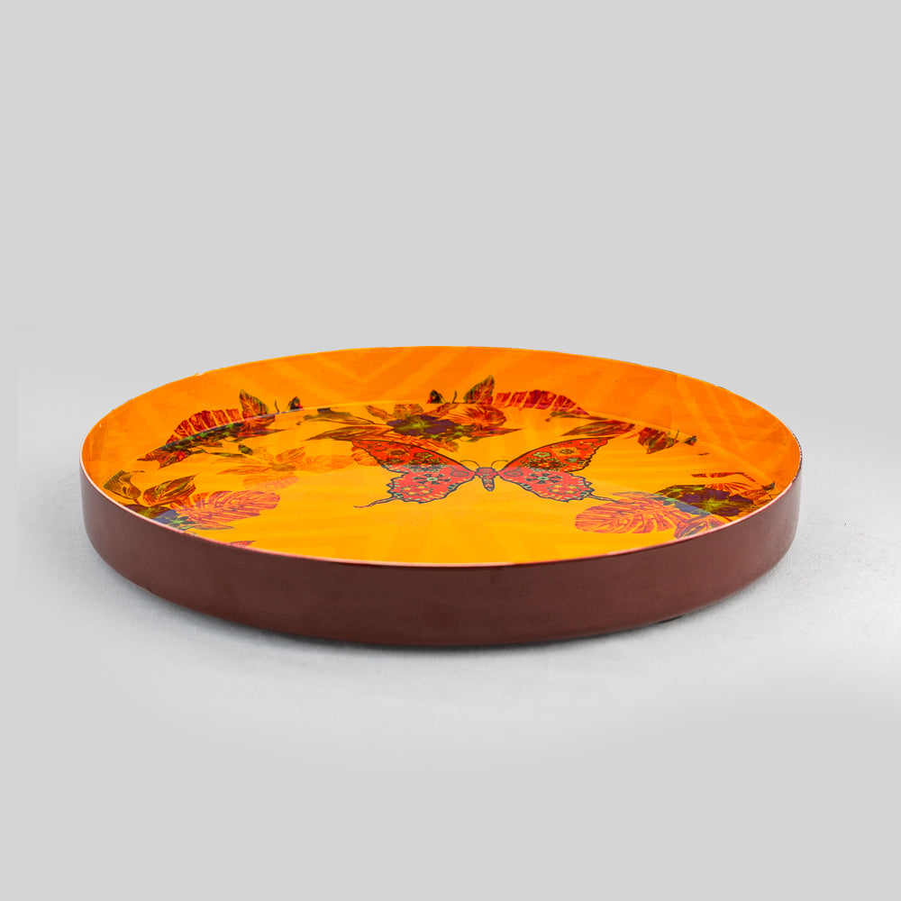 Golden Butterfly Round Serving Tray with Red Butterfly and Hibiscus Design | Tyetye India