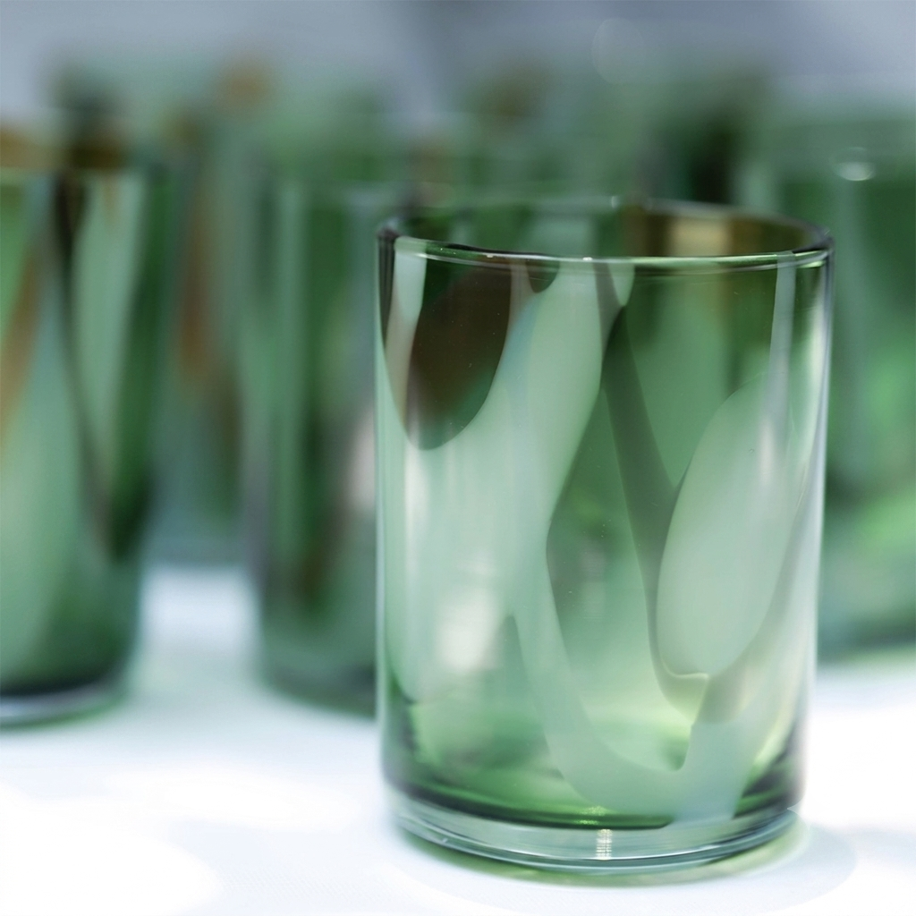 tyetye green swirl glasses hand-blown bar cart styling India