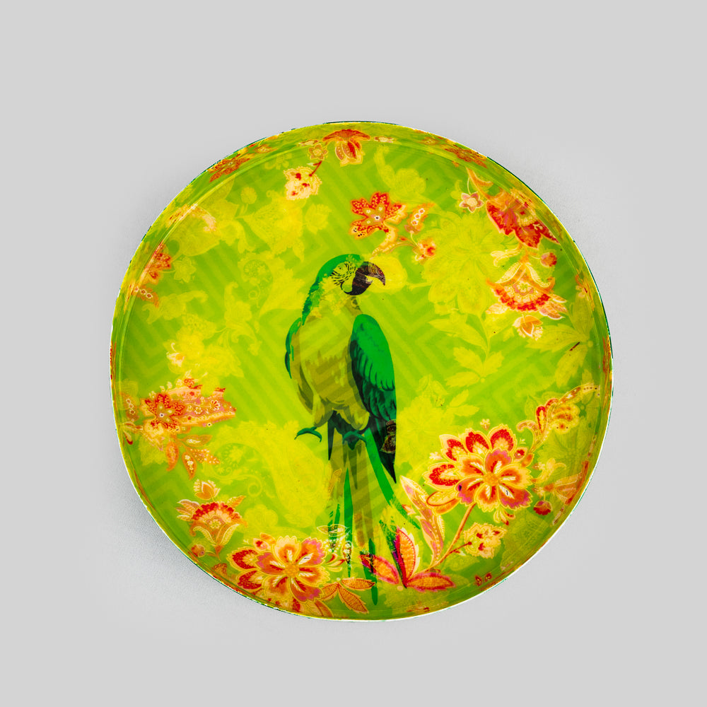 Tropical Parrot Paradise metal serving tray with colorful parrot and tropical
foliage design on powder-coated steel surface