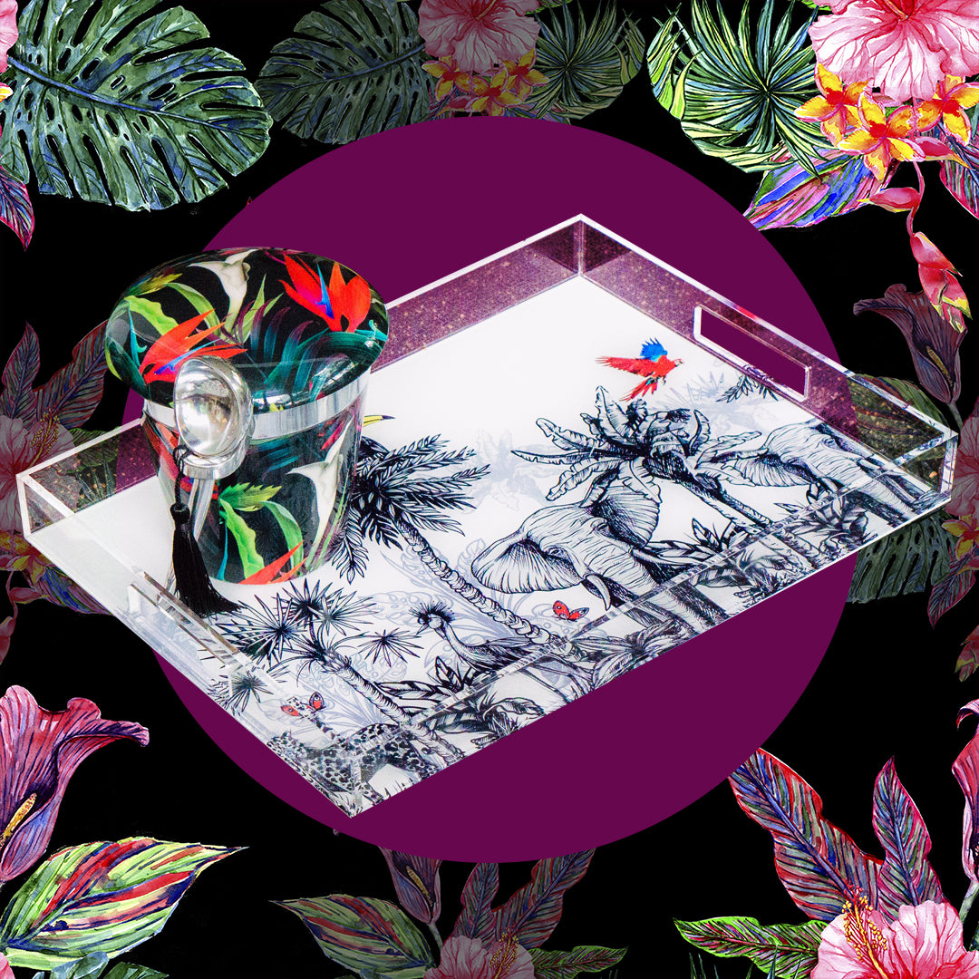 "A stylish safari chic tray featuring a combination of earthy colors and animal print patterns, perfect for serving drinks and snacks in an elegant outdoor setting."