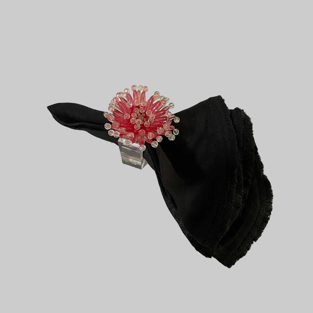 Set of four tyetye Bloom Pink hand-beaded floral napkin rings — pink lucite flower napkin rings for elegant Indian entertaining