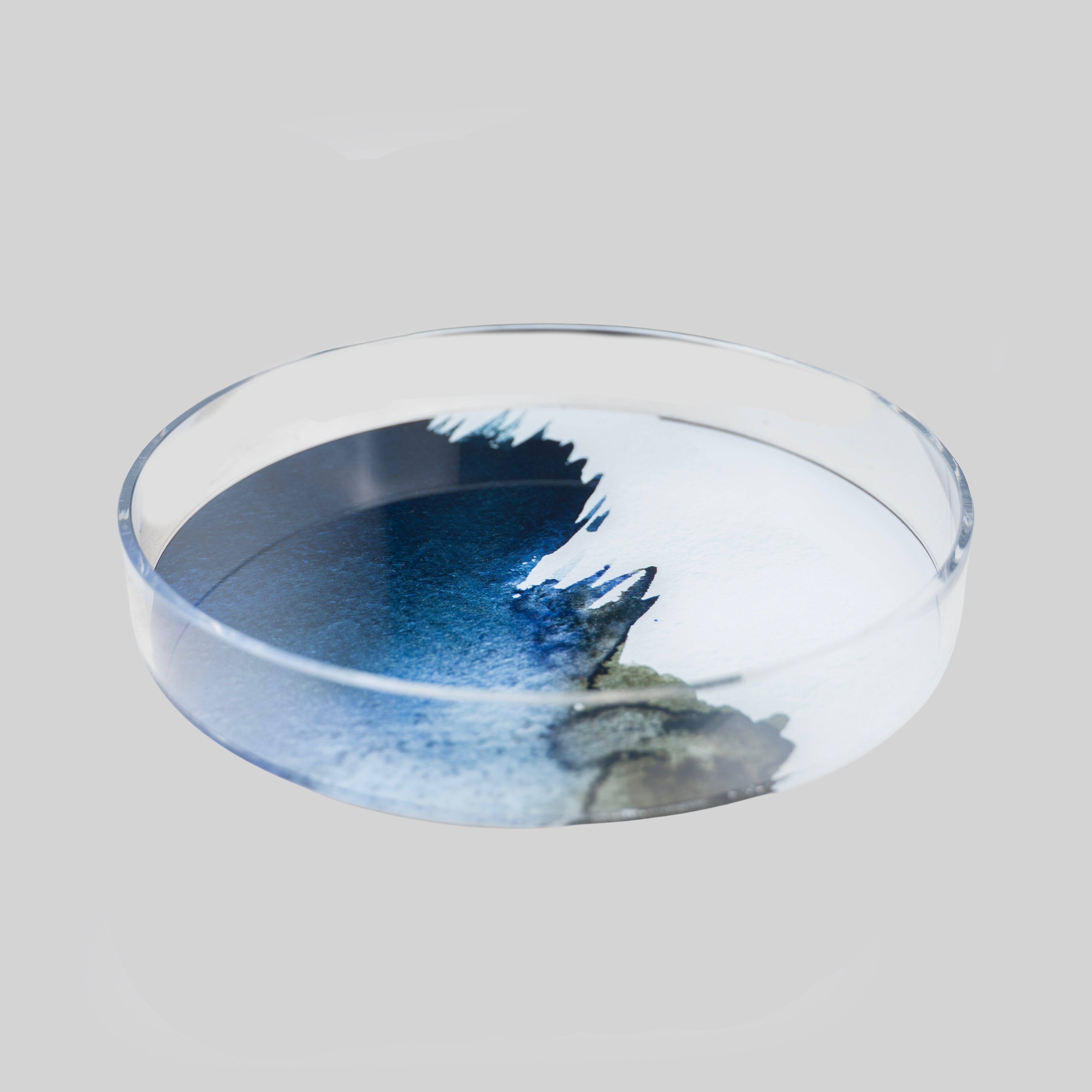 Round clear acrylic tray with abstract indigo blue and olive watercolour ink art — tyetye India home décor