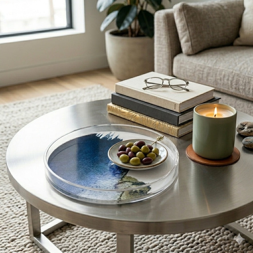 Abstract Blue Ink a Acrylic Tray — Round