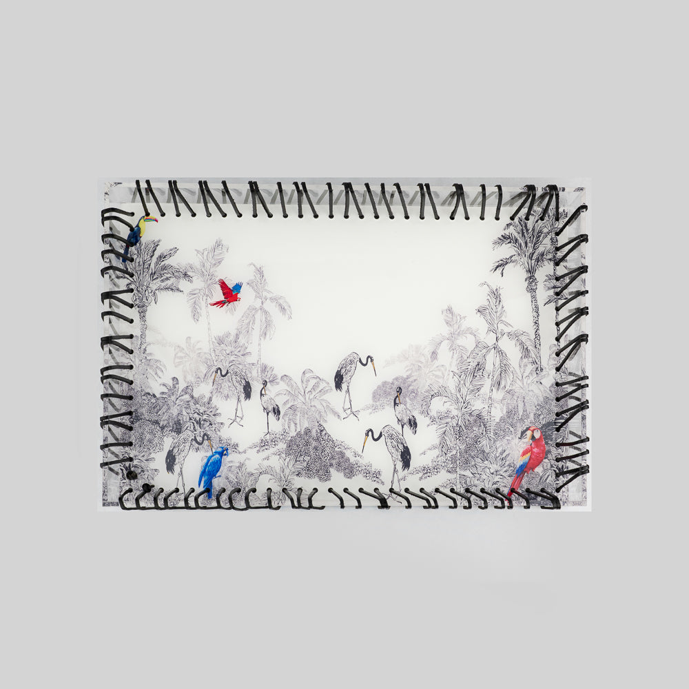 'Birds of Paradise Acrylic Tray with Faux Leather Weave Border | Tyetye India'