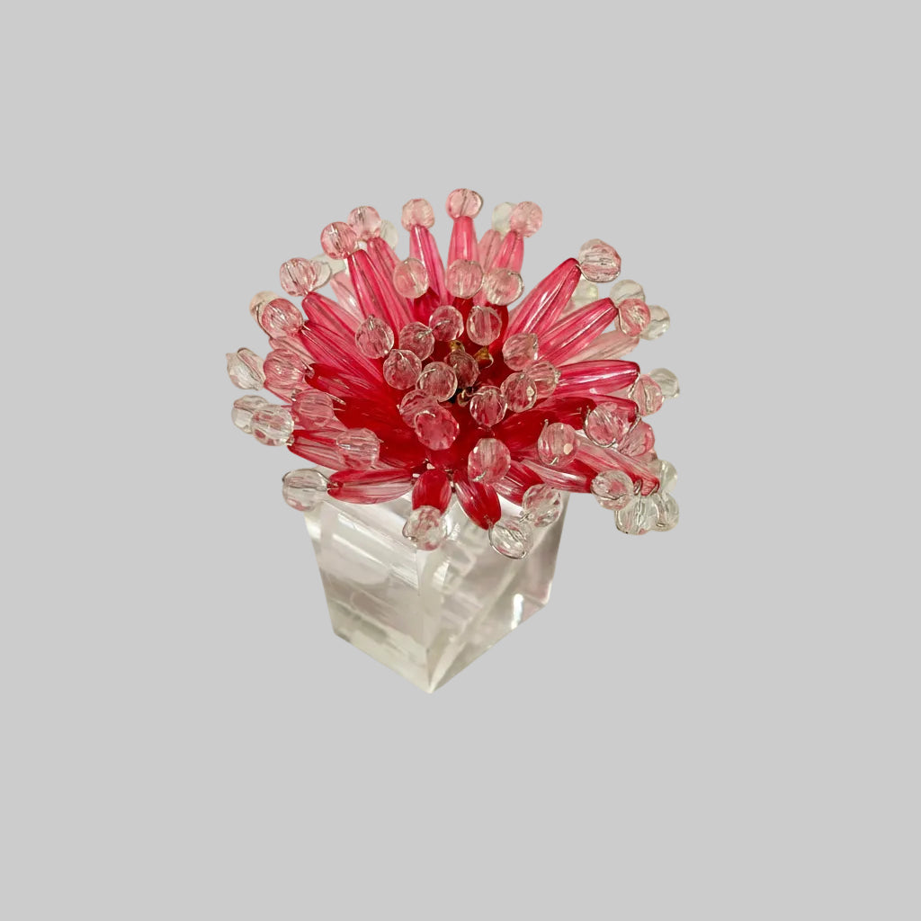 Bloom Pink hand-beaded floral napkin rings by tyetye — pink flower beaded rings on lucite base, elegant festive table setting India