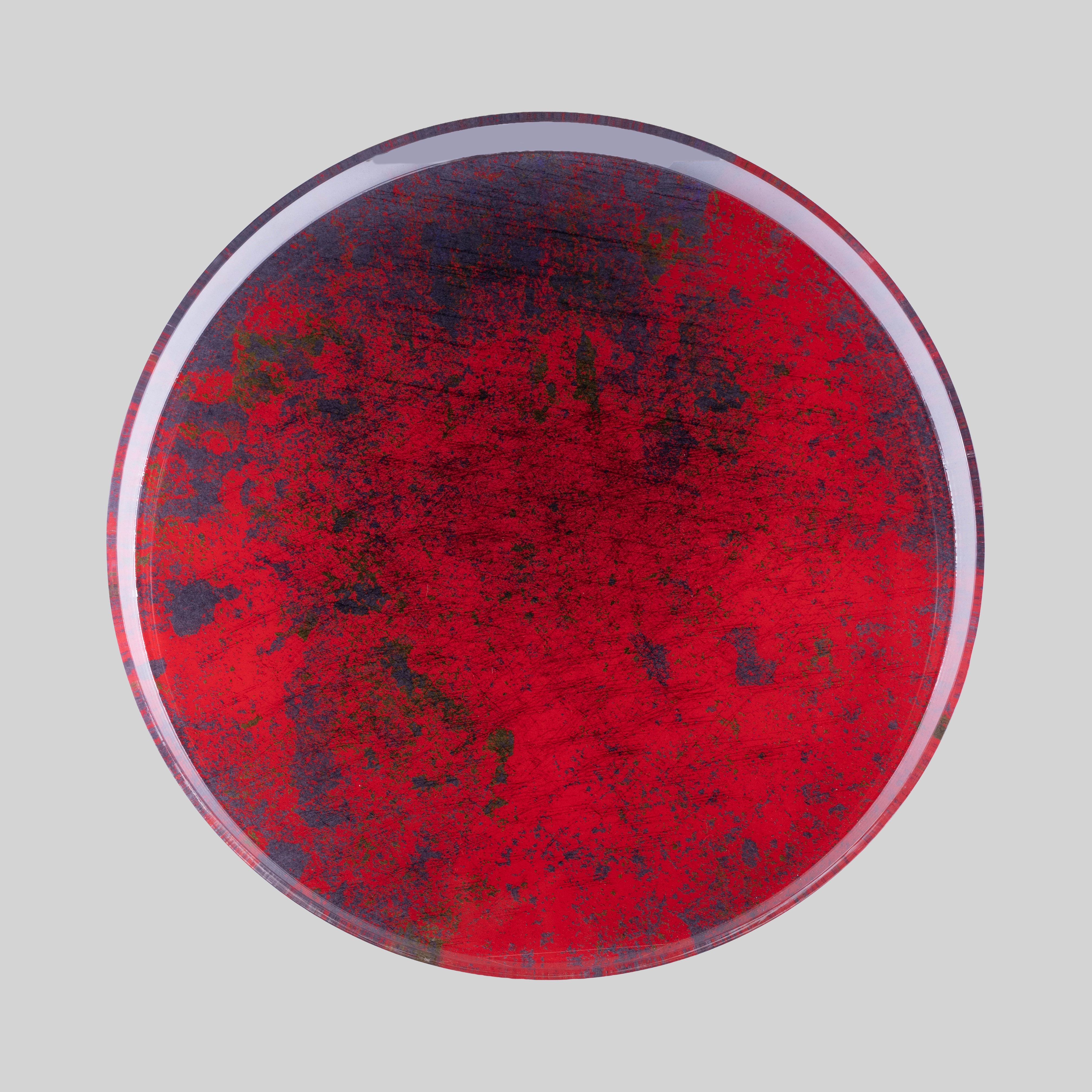 tyetye Crimson Art round serving tray in 5mm high-gauge acrylic with integrated handles and digitally printed scarlet design, 41cm, angled view — India