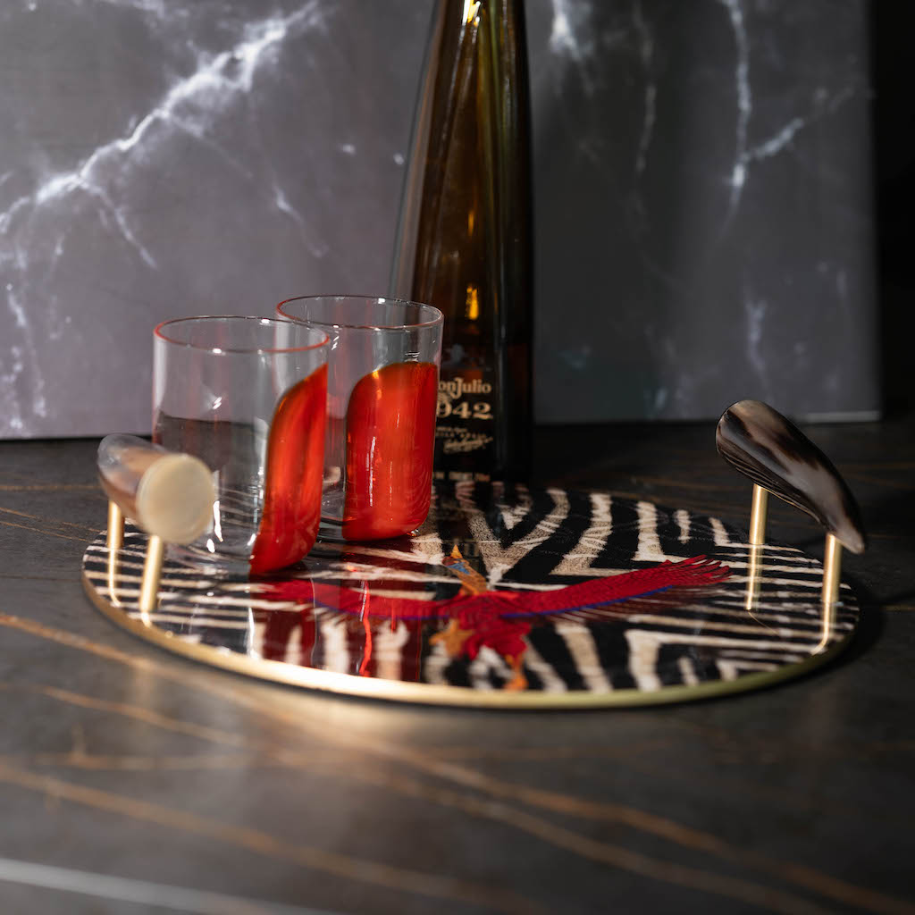 Feathered Finesse Serving Tray  With Horn Handles