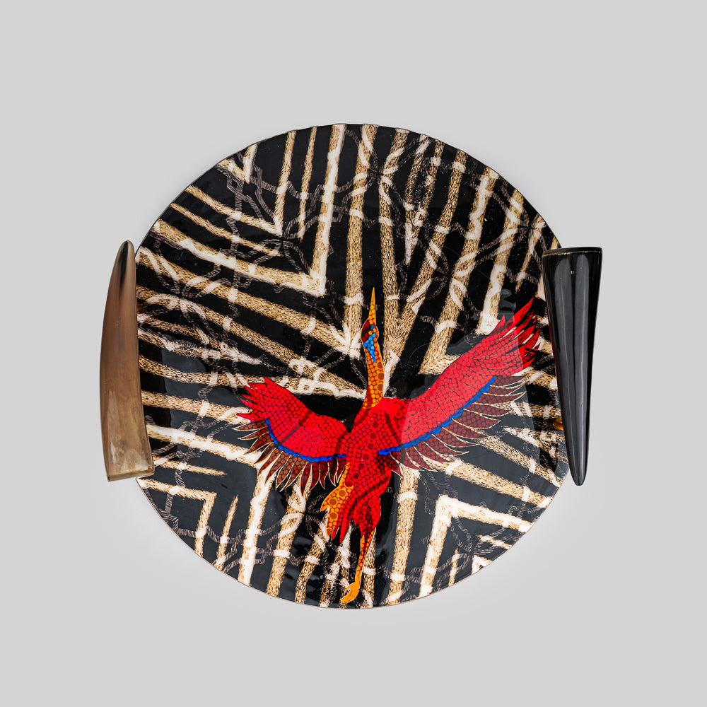 Handcrafted Bird Print Serving Tray with Real Horn Handles Side View | Tyetye India