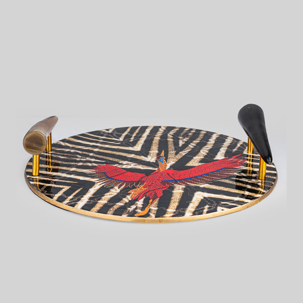 Feathered Finesse Luxury Serving Tray with Horn Handles and Bird Motif | Tyetye India