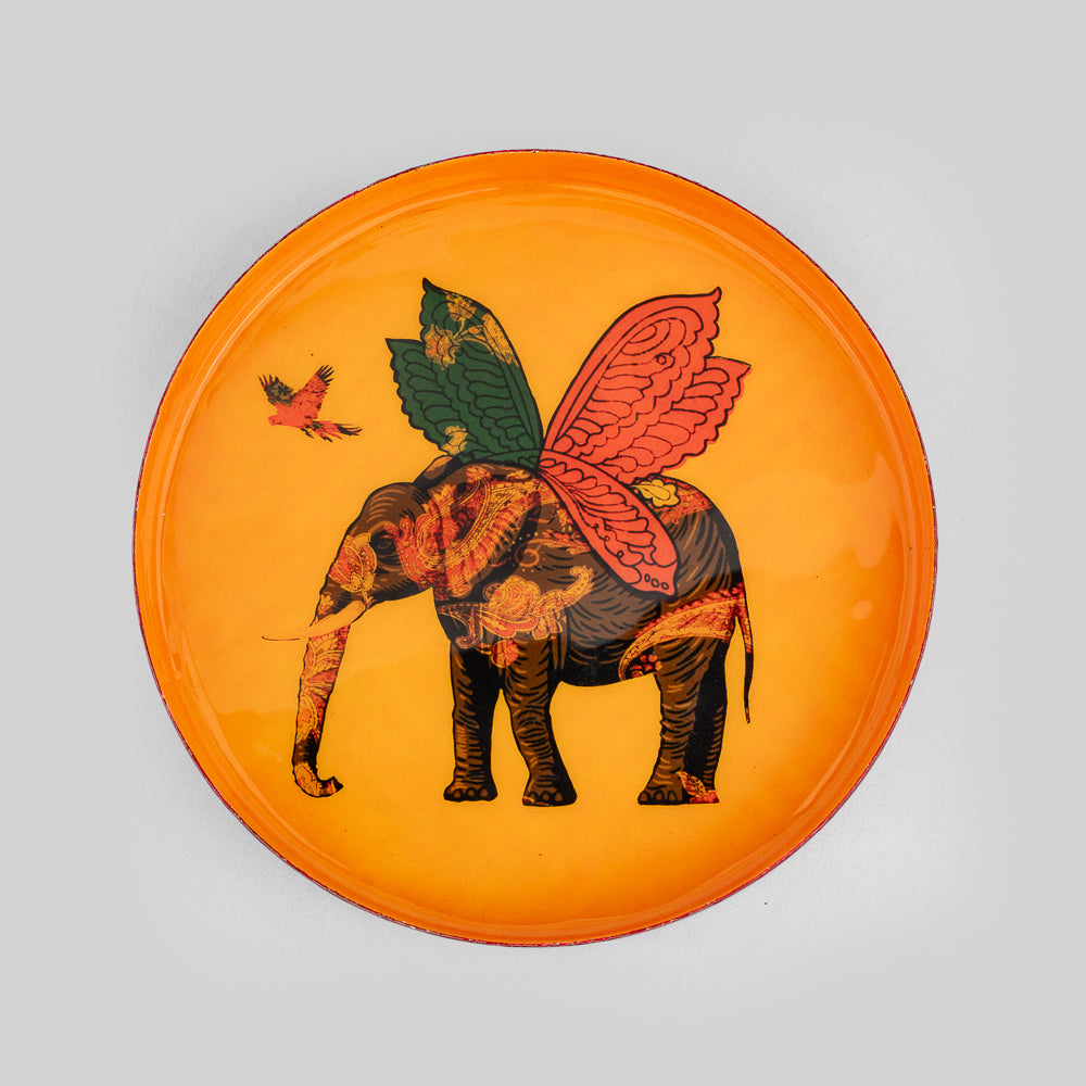 Handmade Iron Serving Tray with Whimsical Flying Elephant Print | Tyetye India
