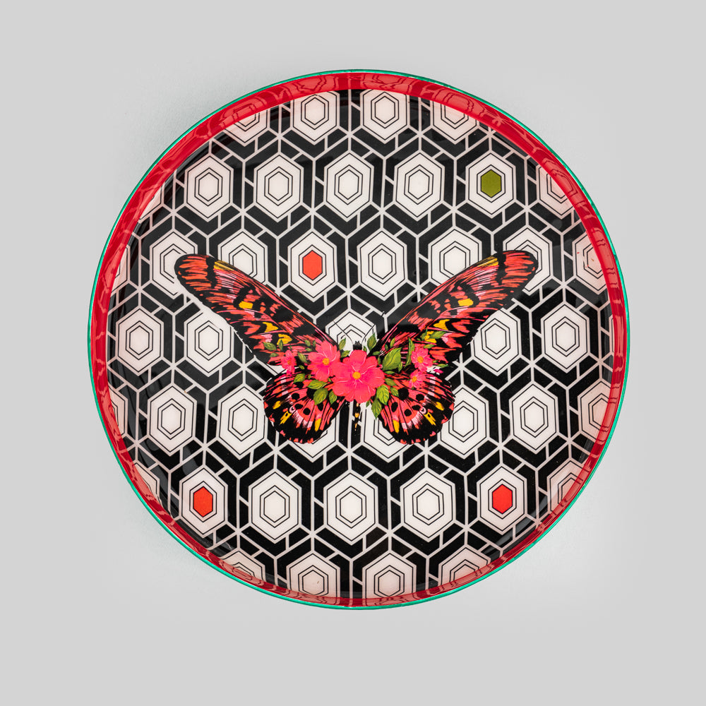 Bold Butterfly Print Round Iron Serving Tray in Vibrant Colours | Tyetye India