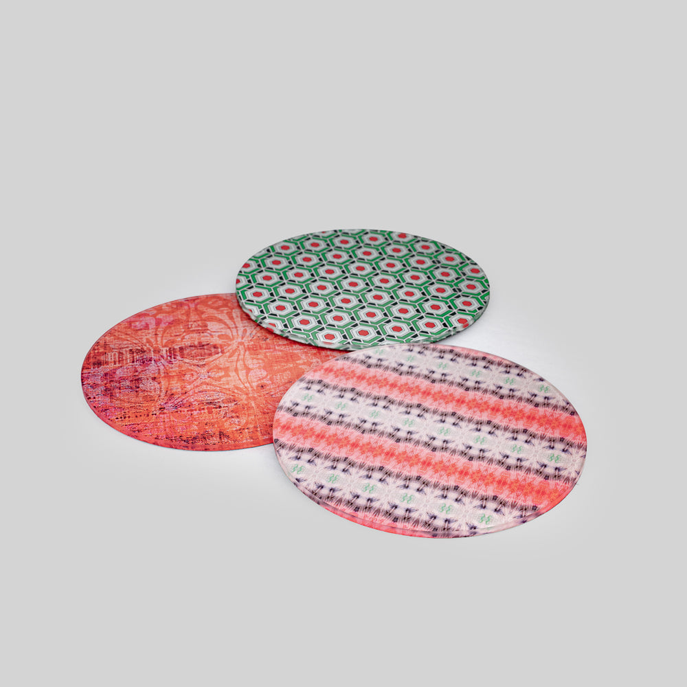 "Boho ikat trivet in use, enhancing the aesthetic of a dining experience."