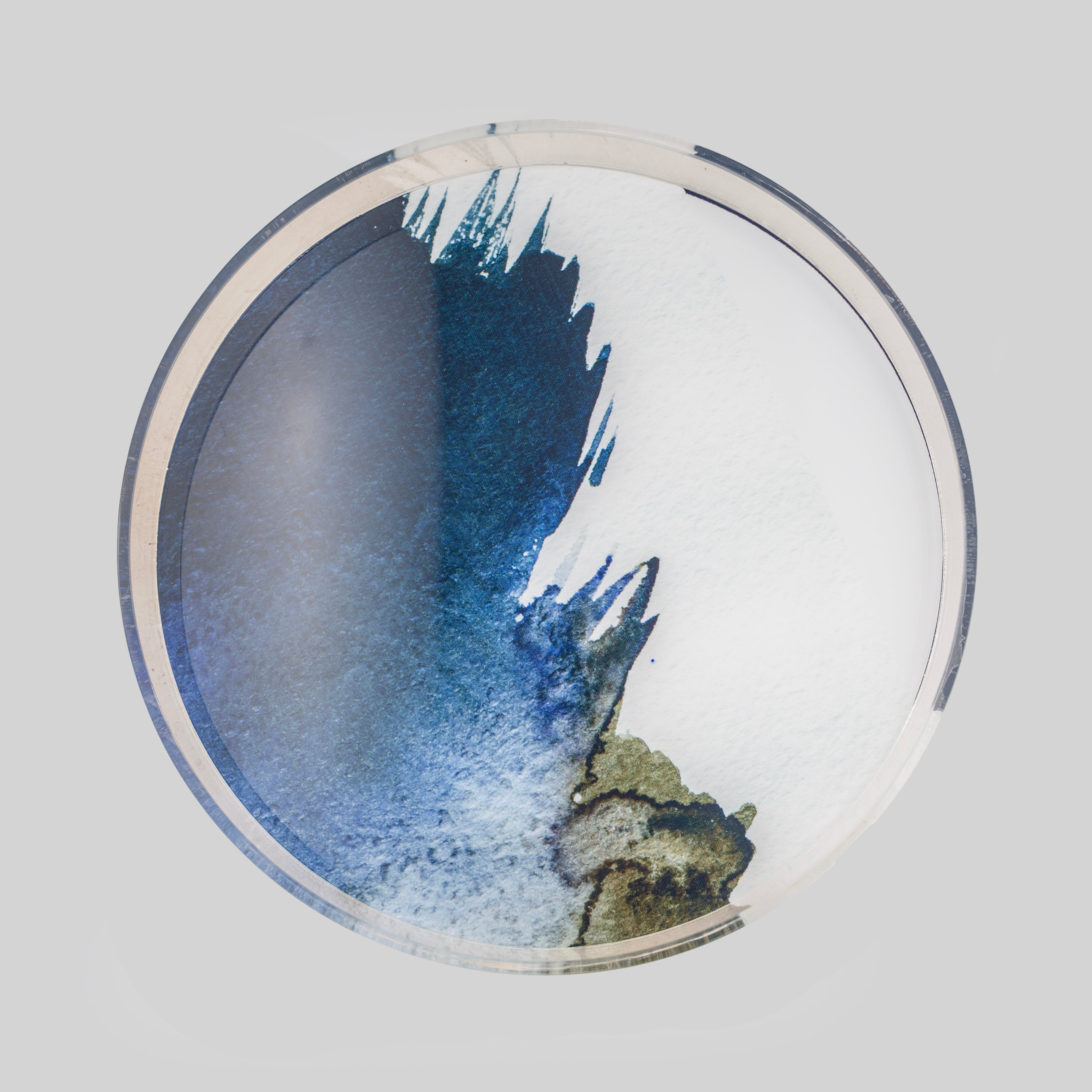 Round clear acrylic tray with abstract indigo blue and olive watercolour ink art — tyetye India home décor