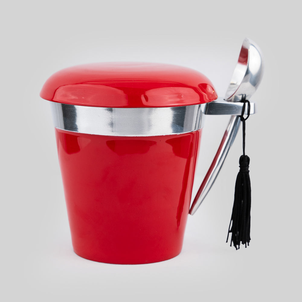 "Stylish red ice cream pint holder perfect for any ice cream lover."