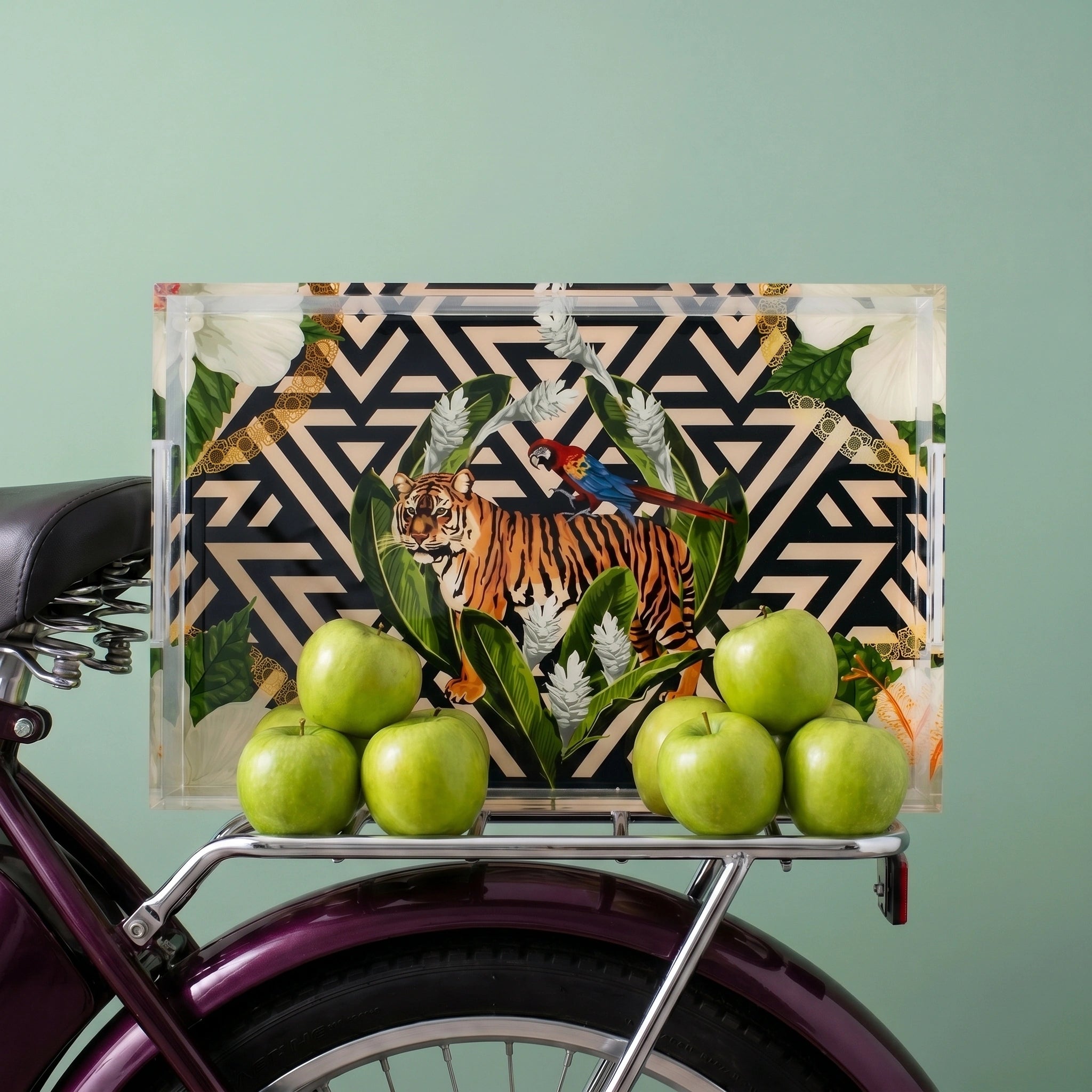 Jungle tiger print acrylic tray with clear handles — Tyetye designer tableware India