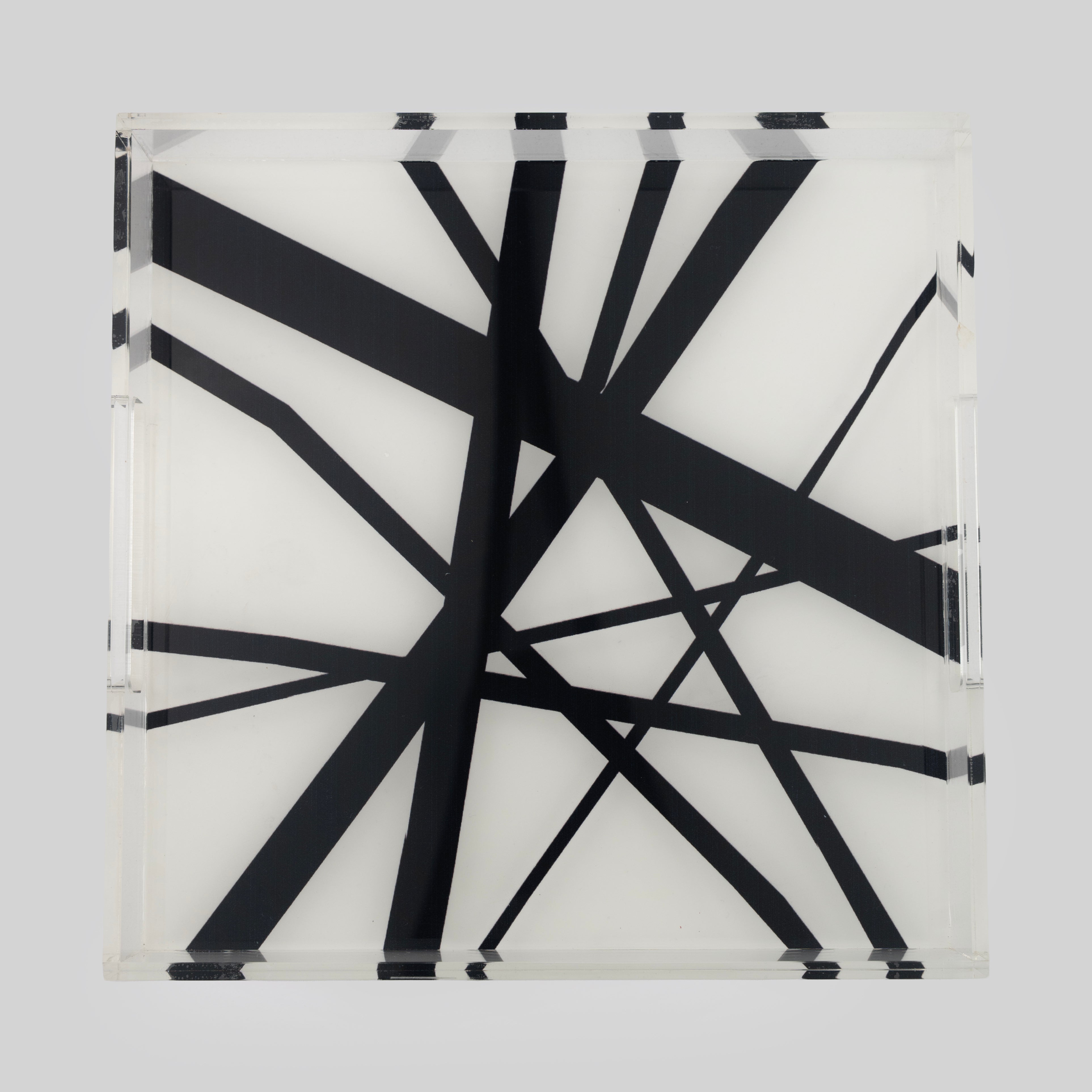 Tyetye Noir Lines square acrylic serving tray with bold black geometric line print India