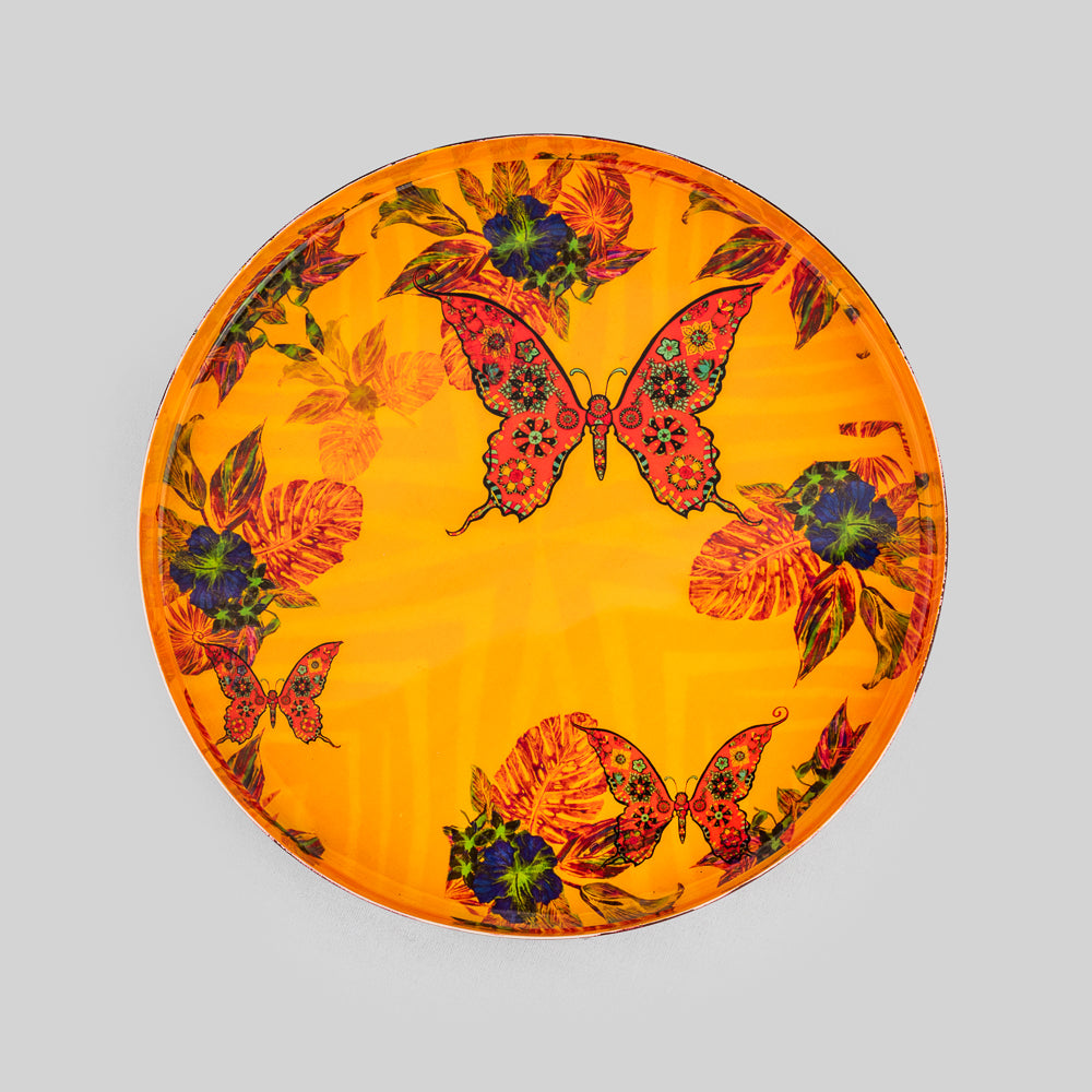 Handmade Iron Serving Tray with Golden Background and Floral Butterfly Pattern | Tyetye India