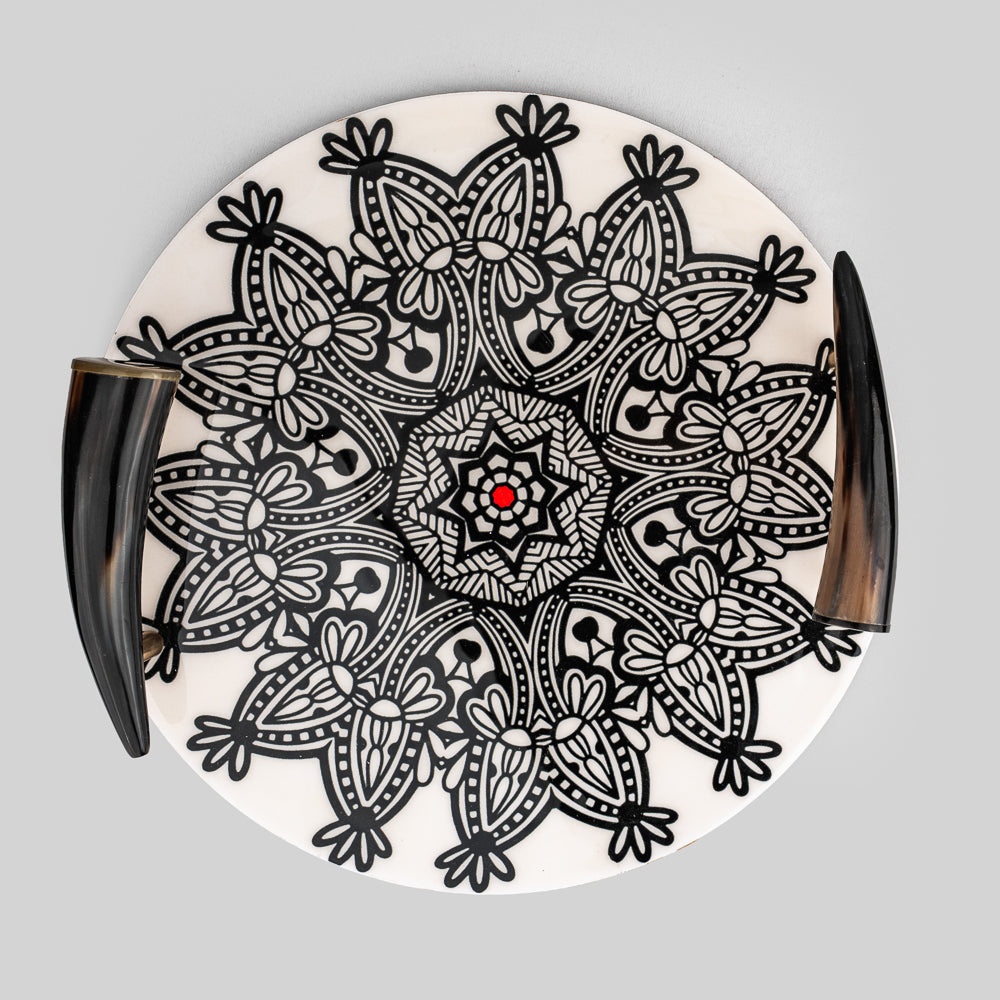 Stylish decorative tray with horn handles and mandala design