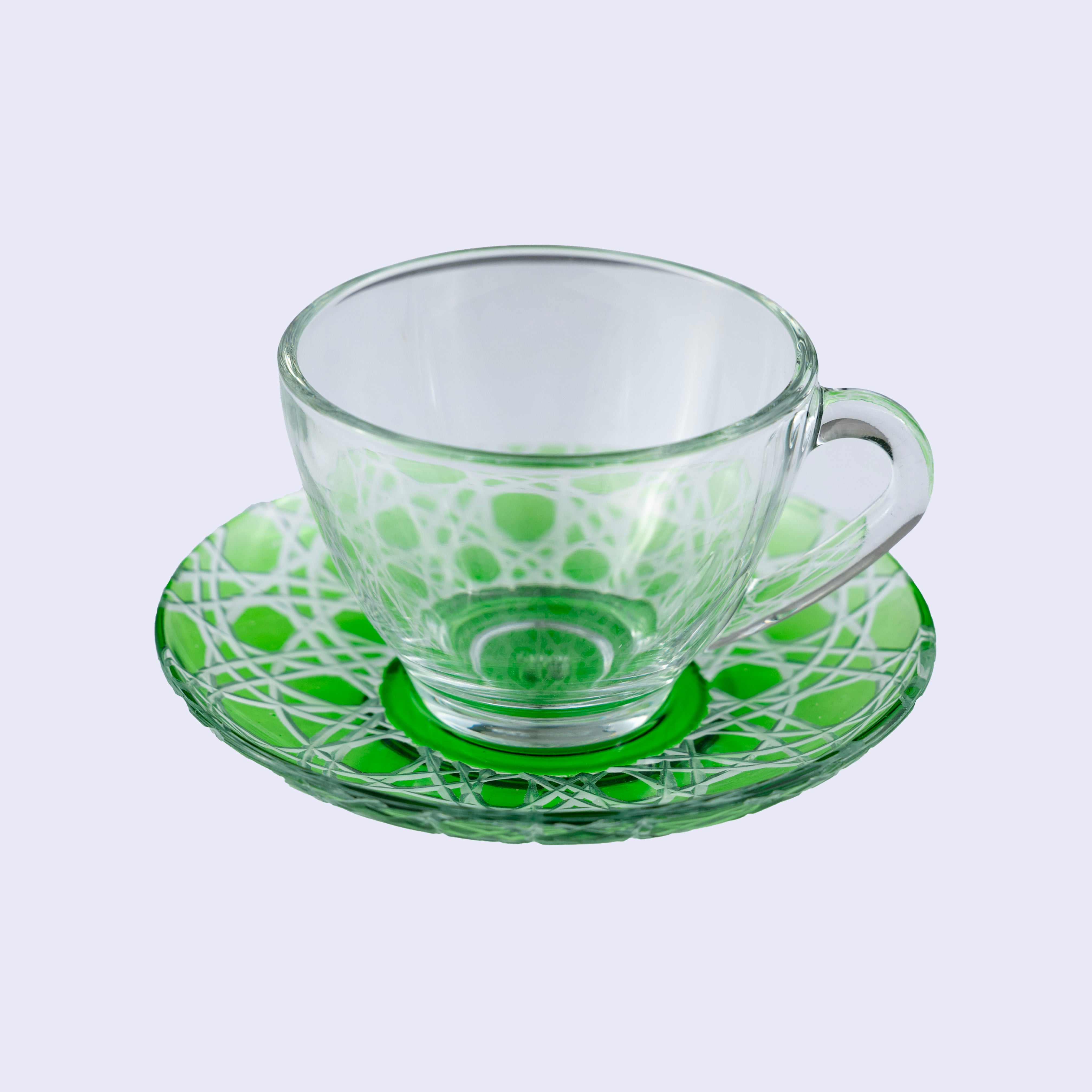 Handcut Green Glass Cup & Saucer Set of 2 | tyetye