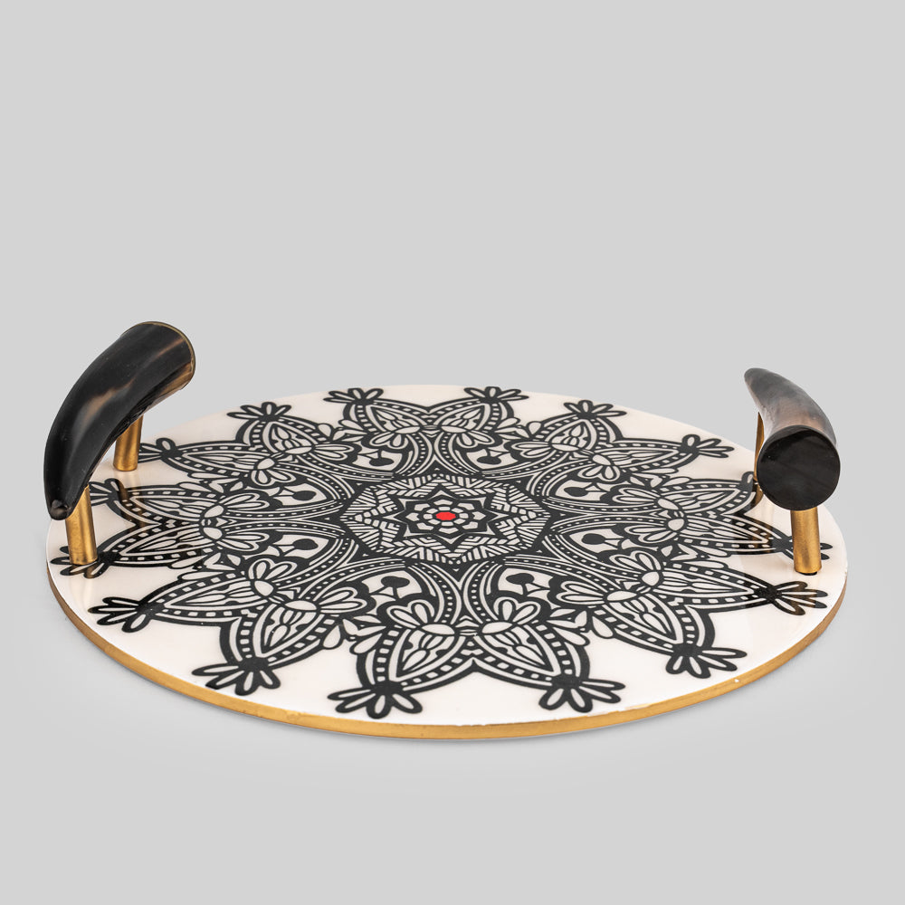 'Zenith Mandala Serving Tray with Natural Horn Handles | Luxury Home Decor – Tyetye India'